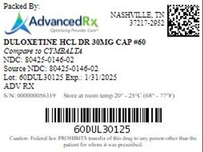 Duloxetine HCl Dr 30mg Cap Qty 60 Ndc 80425 0146